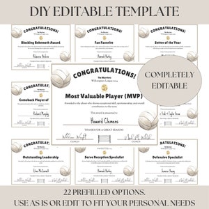 Volley-Preis Urkunde, Zeremonie-Zertifikate, Bankett zum Saisonende, Volley Team Party Printables, bearbeitbare Sport-Canva-Vorlage