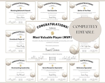 Editable Volleyball Award Certificates: End of Season Team Banquet (Canva Template)