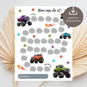 May include: A printable monster truck themed reward chart with 30 circles to color in. The chart features the text "You can do it!" and "You did it!" along with a "My Reward" section at the bottom.