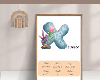 Personalized Letter X Nursery Poster: Editable Birth Stats (PDF)