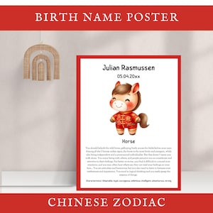 Jahr des Pferds, Geburtsname Poster, Chinesisches Neujahr, Kinder Sternzeichen Beschreibung, Wandkunst für Kinderzimmer, Kinderzimmer Dekor, Bearbeitbar