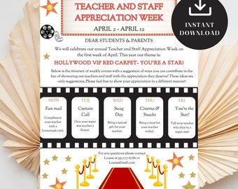 Hollywood Themed Teacher Appreciation Week, Staff Invite Newsletter, Printable Itinerary, Take Home Flyer, DIY Editable Canva Template