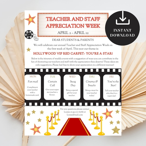 Hollywood Themed Teacher Appreciation Week, Staff Invite Newsletter, Printable Itinerary, Take Home Flyer, DIY Editable Canva Template