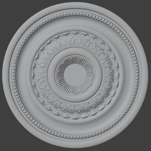 May include: A grey, circular ceiling medallion with detailed, layered designs. The centre has a sunburst pattern, surrounded by floral and beaded details. The outer edge has a repeating bead pattern.