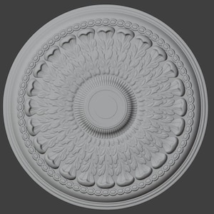 Könnte beinhalten: Graue, kreisförmige Deckenrosette mit einem verzierten, symmetrischen Design. Der zentrale Bereich weist ein erhabenes, kreisförmiges Element auf, das von strahlenförmigen, blattartigen Mustern und einem Perlenrand umgeben ist. Die Gesamtästhetik ist klassisch und dekorativ.