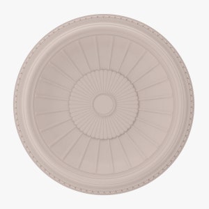May include: A white, round, decorative ceiling medallion with a raised, circular design. The medallion has a beaded edge and a central rosette.