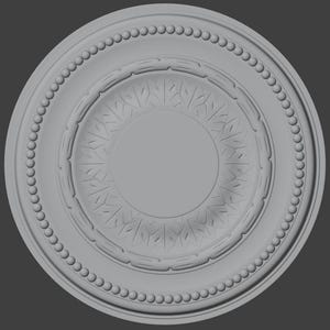 May include: A grey, circular ceiling medallion with detailed patterns. It has concentric rings, including a beaded edge and a central floral design. This decorative architectural element is designed for ceilings.