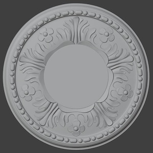 May include: A grey, circular decorative ceiling medallion with floral and leaf patterns. The design features a central circular area surrounded by stylized flowers, leaves, and a beaded border. The overall aesthetic is ornate and classical.