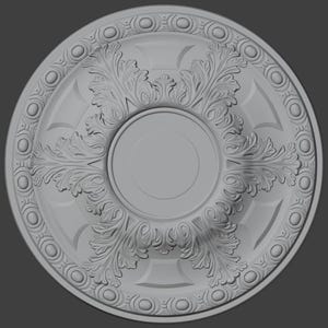 May include: A grey, circular ceiling rose with detailed, symmetrical leaf and scroll patterns. The centre has a raised circular feature, and the outer edge has a repeating circle design. The overall design is classical and decorative.