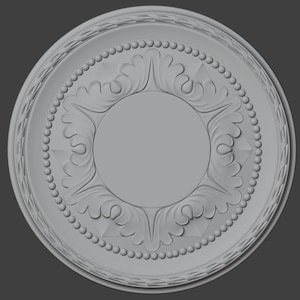 May include: A grey, circular decorative ceiling medallion with detailed relief patterns. The design includes a central circle, surrounded by stylized floral and geometric motifs, and a beaded border. The outer edge has a textured, braided pattern.