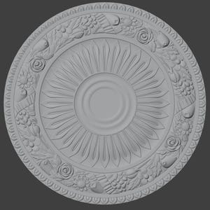 May include: A grey, circular decorative ceiling medallion with a detailed floral and leaf pattern. The centre features a sunburst design, and the outer edge has repeating floral and fish motifs. The overall design is symmetrical and ornate.