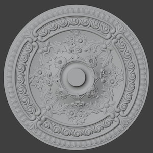 May include: A detailed, grey, circular ceiling medallion with an ornate floral and leaf design. The centre features a raised, circular element. The outer edge has a repeating scroll pattern. The overall design is symmetrical and classical.