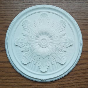 May include: White ceiling medallion with a decorative floral design. The medallion has a raised, textured surface and a smooth, white border.