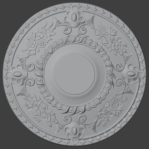 May include: A grey, circular ceiling medallion with detailed floral and scrollwork. The design features a central recessed circle, a ring of smaller circles, and decorative floral elements. The outer edge has a repeating star pattern. The diameter is approximately 40 cm.