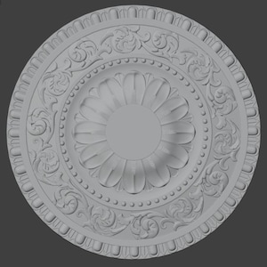 May include: A grey, circular ceiling medallion with detailed floral relief patterns. The design features a central flower motif surrounded by ornate scrollwork and a beaded border. The overall aesthetic is classical and decorative.