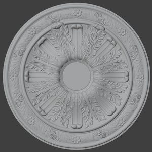 May include: A detailed, circular ceiling medallion with an ornate, classical design. The grey medallion features a central circle, radiating leaf patterns, and a decorative outer border with floral and grape cluster motifs.