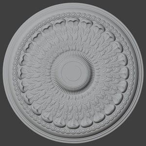 Puede incluir: Una roseta de techo circular gris con un diseño floral en relieve detallado. El centro presenta un elemento circular, rodeado de patrones radiantes en forma de hojas. Un borde de cuentas rodea el borde exterior, creando un elemento arquitectónico decorativo.