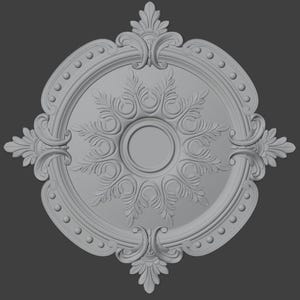 May include: A grey, ornate ceiling medallion with a circular design. The medallion features detailed floral and leaf patterns, a central circle, and a decorative border with small, evenly spaced circles. The overall shape is a rounded square.