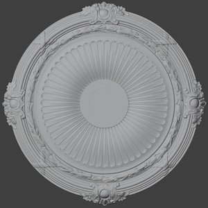 May include: A grey, circular decorative ceiling medallion with intricate detailing. The design features a central sunburst pattern, surrounded by a detailed border with floral and scrollwork accents. The overall style is classical and elegant.