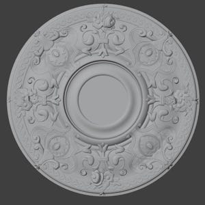 May include: A grey, circular ceiling medallion with ornate, raised relief detailing. The design features floral and scrollwork patterns, with a central recessed circle. The overall aesthetic is classical and decorative.