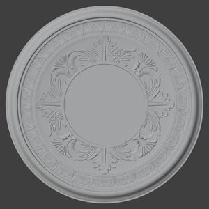 May include: A grey, circular ceiling rose with intricate, raised floral and leaf patterns. The design features a central circle surrounded by detailed relief work, including stylized leaves and a decorative outer border.