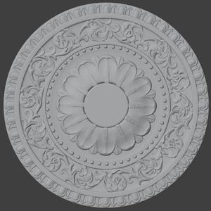 May include: A grey, circular decorative ceiling medallion with intricate floral and scrollwork patterns. The design features a central flower-like motif surrounded by detailed embellishments and a beaded border. The outer edge has a repeating arched design.