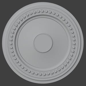 May include: A grey, circular ceiling medallion with a raised, beaded outer ring and a central, recessed circle. The design features concentric circles and a simple, elegant aesthetic, suitable for interior decor.
