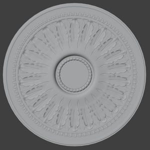 May include: A grey, circular ceiling medallion with a detailed, symmetrical design. The centre features a smaller circle, surrounded by a ring of repeating shapes. The outer edge has a decorative border, creating a classic architectural element.