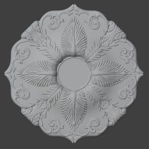 May include: A grey, ornate ceiling medallion featuring a central circular design and surrounding leaf and scroll patterns. The detailed, symmetrical design is suitable for interior decor.