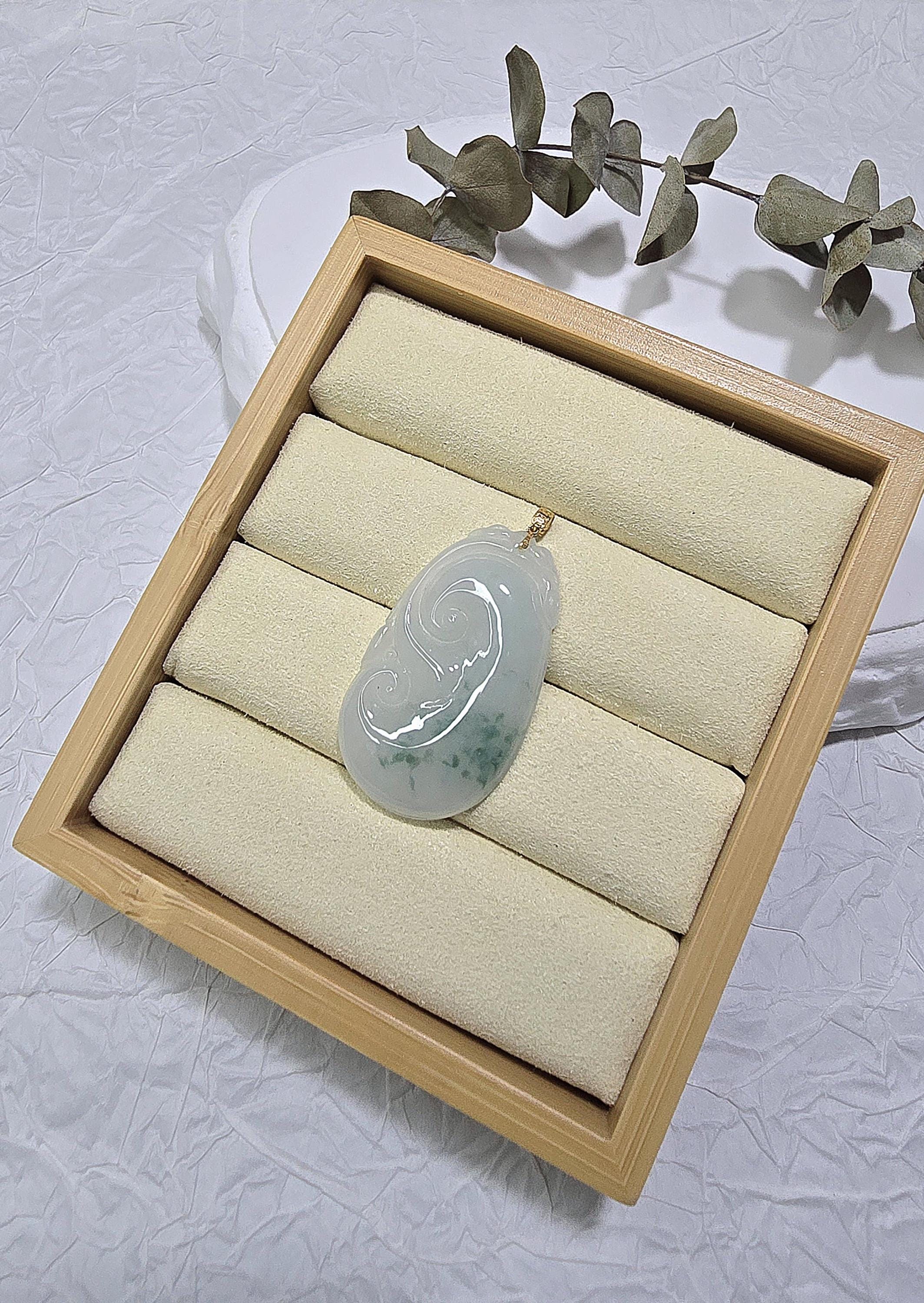 Icy White with Green Piao Hua (飘花) Ruyi Pendent - Authentic Grade A  Burmese Jadeite (翡翠). Certificate of Authenticity Included.