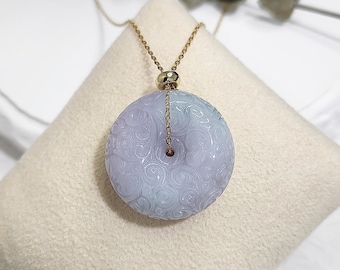 Chun Cai (春彩) Carving Donut Pendant (平安扣) set in S925 Chain- Authentic Grade A Burmese Jadeite (翡翠). Certificate of Authenticity Included.