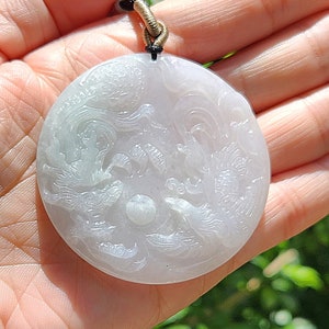 White & Green Dragon and Pheonix (龙凤) Craving Round Pendant- Authentic Grade A Burmese Jadeite (翡翠). Certificate of Authenticity Included.