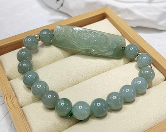 Plaque de poignet à sculpter lotus vert avec bracelet en perles - Jadéite birmane authentique de qualité A (翡翠). Certificat d'authenticité inclus.