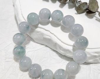 Icy green Piao Hua (飘花) 13mm Beads Bracelet-  Authentic Grade A Burmese Jadeite (翡翠). Certificate of Authenticity Included.