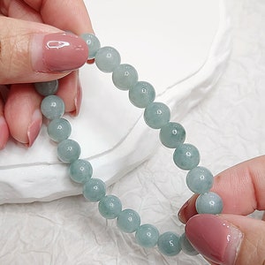 Bluish Green Piaohua (蓝飘花) 8mm Jadeite Beads Bracelet - Authentic Grade A  Burmese Jadeite (翡翠). Certificate of Authenticity Included.