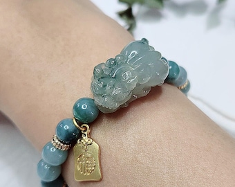 Green Pixiu (貔貅) paired w Green Piao Hua 7mm beads bracelet - Authentic Grade A Burmese Jadeite (翡翠). Certificate of Authenticity Included.