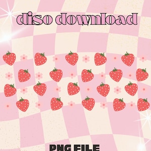 May include: A digital download of a set of 20 pink and white checkered background images with red strawberries. The text "disco download" and "PNG FILE COMMERCIAL USE" is included in the image.