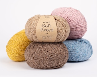 DROPS Soft Tweed Alpaca and Merino Wool, Superfine DK weight 8 ply yarn, Craft supplies for crochet knitting, Pastel color 50g yarn skein