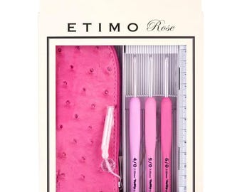 Tulip Etimo Rose Crochet Hook Set, 3 Ergonomic Crochet Hooks 2.5mm to 3.5mm with Case and Accessories, Made in Japan