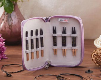 KnitPro J'adore Cubics 10cm wooden interchangeable needle set with rotating cables in lavender case