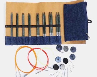 Juego de agujas intercambiables KnitPro Denim – 8 tamaños, puntas de 13 cm + cables / Kit de regalo para tejer circulares de madera índigo