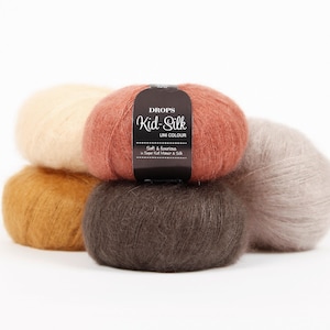 Drops Kid Silk premium soft yarn, Blend mohair and silk yarns, Luxury yarn, Crochet knitting yarns, Christmas present for crafter, 25g skein