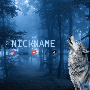 May include: A white wolf howls at the moon in a misty blue forest. The text "NICKNAME" is displayed in white letters above the wolf. The text "NICKNAME" is also displayed in various colors on social media icons below the wolf.