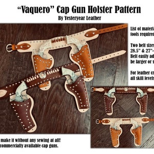 Op de afbeelding: Een lederen patroon voor een kapselpistoolholster om een "Vaquero"-holster te maken. Het patroon omvat twee riemmaten: 22,5-28,5 inch en 27-33 inch. Het patroon is ontworpen voor leerbewerkers van alle niveaus.