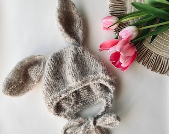 Little Bunny baby bonnet, handmade, knitted hat, Easter gift, photo props, alpaca, baby shower gift, baby boy girl gift idea, gender neutral