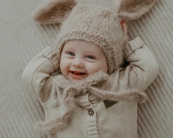 Gorro de conejito para bebé, hecho a mano, gorro de punto, regalo de Pascua, accesorios para fotos, alpaca, regalo para baby shower, idea de regalo para bebé niño niña, género neutro