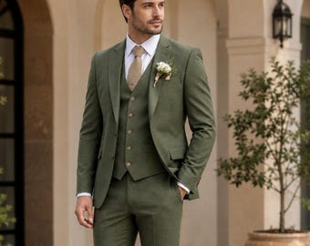 Olive Green Slim Fit Three-Piece Suit, Wedding Groomsmens Formal Business Wear