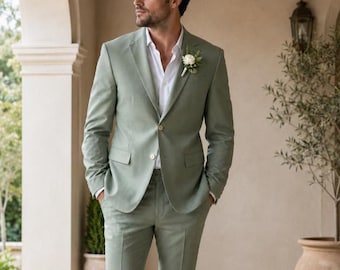 Saliegroen tweedelig pak: klassieke kleding voor bruiloft, gala, bruidegom en feestjes