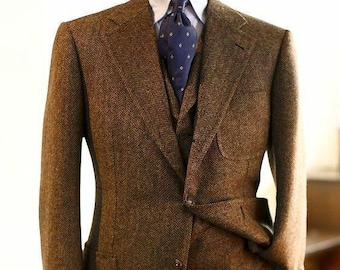 Men's Brown Herringbone Tweed Wool Three Piece Suit, Wedding Groom Wear