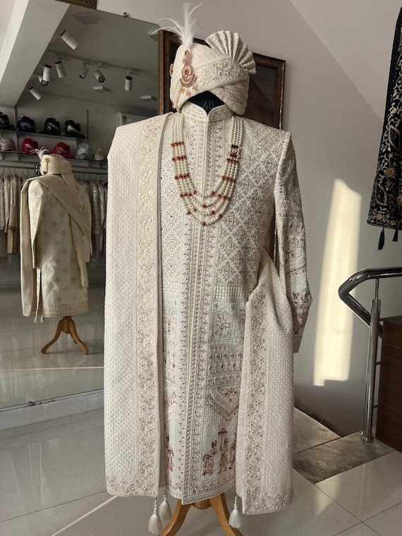 Ivory Indian Groom Sherwani, Wedding Outfit, Handcrafted Indo Western Dress